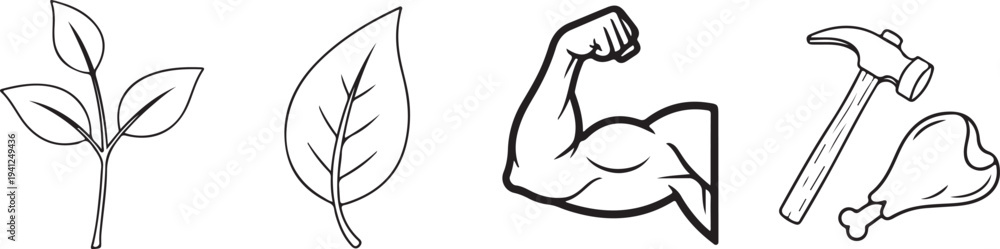 Obraz premium Plant sprout leaf bicep muscle hammer and chicken leg icons representing growth nature strength and food isolated on white background