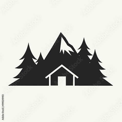 Mountain landscape with pine trees and cabin silhouette. Concept of outdoor adventures, tranquility in nature, and rustic living. Suitable for travel blogs and nature-themed designs.