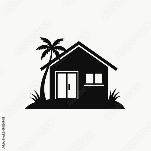 Black silhouette of house with palm tree, representing concepts of tropical living, relaxation, or vacation. Useful for articles on real estate or holiday destinations.