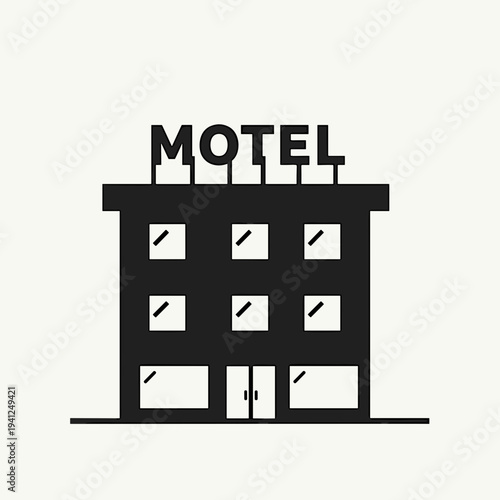 Black silhouette of a motel building with large signage. Represents concepts of accommodation, travel, or hospitality. Useful for articles on travel options and motel services.