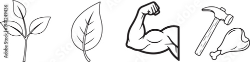 Plant sprout leaf bicep muscle hammer and chicken leg icons representing growth nature strength and food isolated on white background