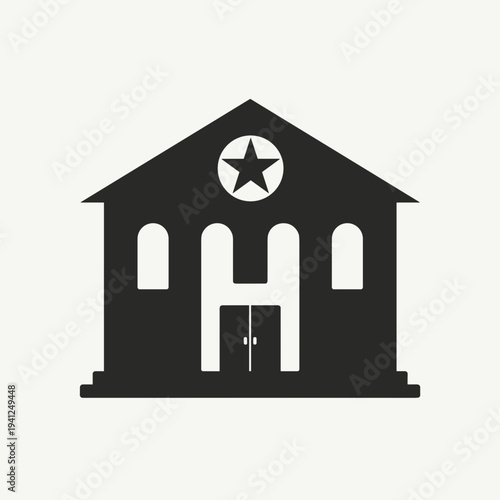 Black silhouette of a building with a star emblem, representing a concept of architecture or design. Useful for graphic resources or branding projects.