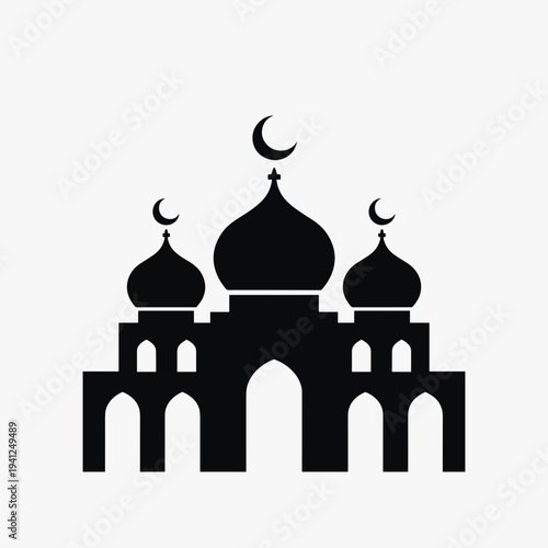 Silhouette of mosque with domes and crescent moons, representing Islamic architecture and culture. Useful for designs and themes related to religion and spirituality.