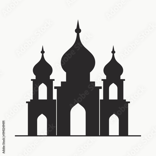 Silhouette of three domed structures with arches, representing historical architecture and cultural landmarks. Useful for themes related to travel, tourism, or cultural heritage.