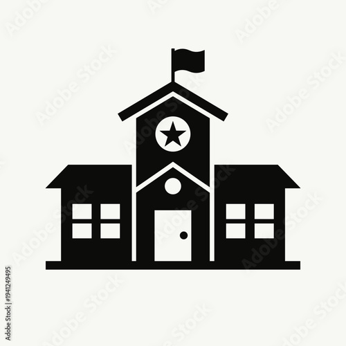 School building with flag and star symbol, representing education, learning, and community values. Useful for articles on educational infrastructure and school projects.