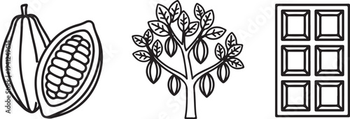 Cocoa Pods Tree and Chocolate Bar Icons Representing Chocolate Production Isolated on white background