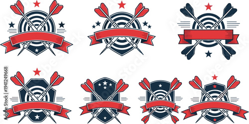 Set of vintage darts club labels and emblems featuring crossed darts target board shields and ribbons for sport tournament or t-shirt design.