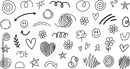 Hand drawn doodle icons set with hearts stars flowers and smiley faces on white background