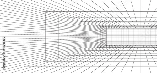 Room projection grid in futuristic 3d style. Outline futuristic grid background, room projection. Wireframe grid template in perspective view