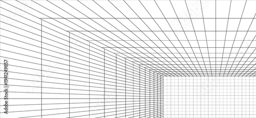 Room projection grid in futuristic 3d style. Outline futuristic grid background, room projection. Wireframe grid template in perspective view