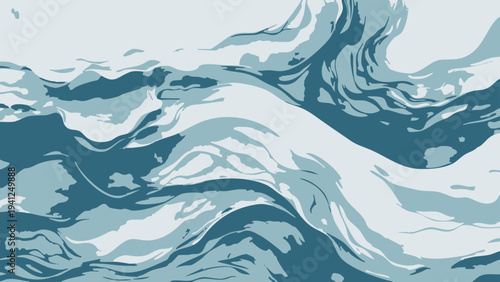 Vector abstract representation of cascading aqua waves, evoking a sense of tranquility and the raw energy of the open water. A minimalist artwork with fluid strokes.