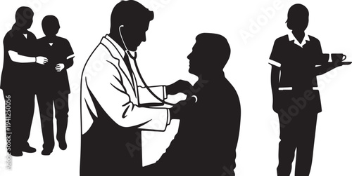 Nurse examining patient and administering medication silhouettes
