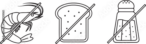 Dietary Restriction Icons: No Shrimp No Bread No Salt Symbols Isolated on white background