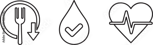 Health Icons Set: Diet Hydration Heartbeat Vector Graphics Isolated on white background