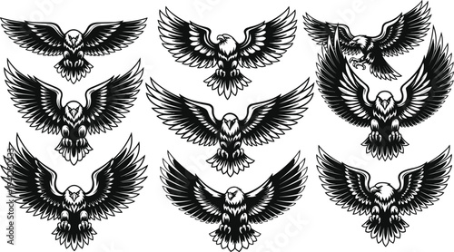 Flying Eagle Wings Spread Collection Hand Drawn Tattoo Style Bird Vector Illustration Set