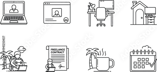 A collection of eight simple line drawings depicting everyday scenes and objects