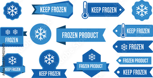 Frozen Product Labels and Keep Frozen Icons Cold Storage Packaging Vector Illustration Set