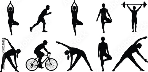 Silhouette illustrations of various fitness activities and exercises
