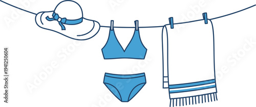 Blue Swimsuit Towel Hat Hanging on Clothesline