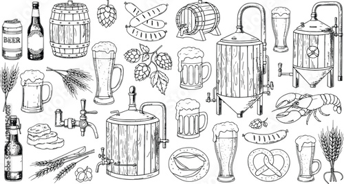 Hand Drawn Brewery Equipment Beer Glass Hops Barrels and Brewing Tools Vintage Vector Illustration Set