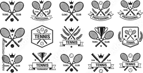 Vintage Tennis Club Badges and Logos Set Racket Ball Tournament Emblem Vector Illustration