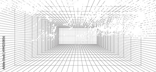 Room projection grid in futuristic 3d style. Outline futuristic grid background, room projection. Wireframe grid template in perspective view