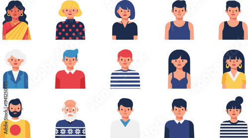 Diverse Community People Avatar Set with Men and Women Characters for User Profile Pictures, Social Media Accounts, and Website UI Illustration.