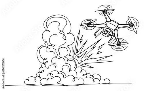 One line drawing of a flying drone near a large explosion with smoke and lightning bolts