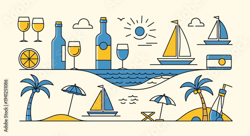 Beach Vacation Illustration with Sailing Boats, Palm Trees, and Cocktails