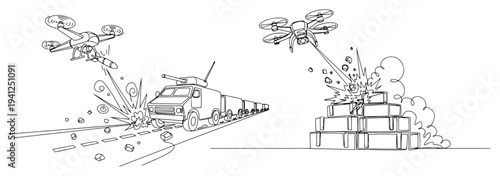 Minimalist one line art of kamikaze drones bombing a military truck convoy and a cargo storage area with explosions
