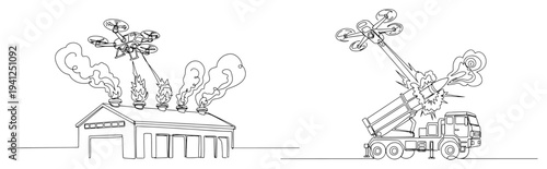 Continuous line vector illustration of military drones striking an industrial warehouse and a mobile missile launcher vehicle