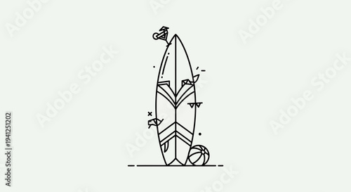 Surfboard and Beach Ball Line Art Illustration