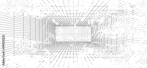 Room projection grid in futuristic 3d style. Outline futuristic grid background, room projection. Wireframe grid template in perspective view