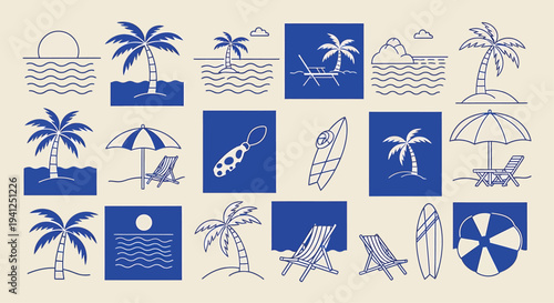 Beach Icons Set with Palm Trees and Summer Symbols