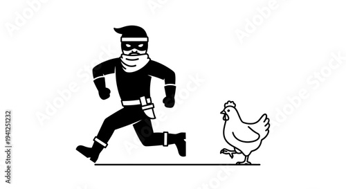 Thief chasing a chicken, cartoon style, black and white illustration