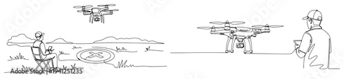Drone pilot sitting in a chair and operating a quadcopter over a landing pad in continuous line art