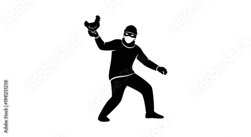 Thief Silhouette Stealing Chicken, Funny Bandit Concept, Black and White Icon