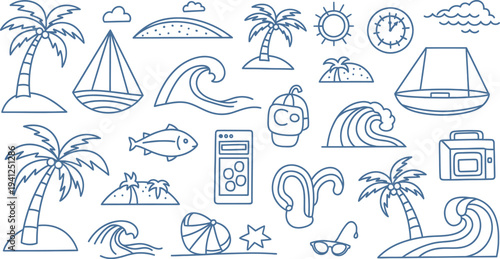 Beach Vacation Icons with Palm Trees and Sea Waves