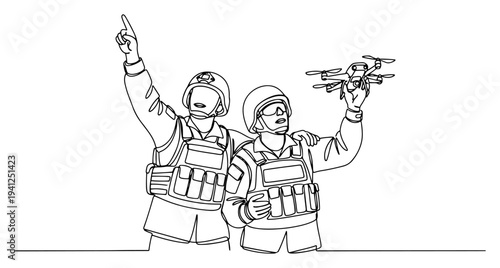 Continuous line drawing of military soldiers launching a small reconnaissance drone for tactical observation