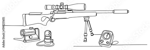 Minimalist one line art of a long range sniper rifle with tactical shooting equipment and sensors