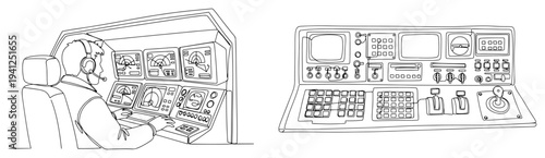 One line drawing of an operator working at a high tech military command center console