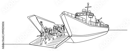Continuous line art illustration of army soldiers disembarking from a military landing ship