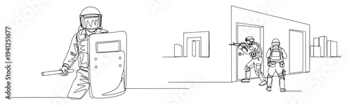 Minimalist one line drawing of tactical riot police with shield and special forces entering building