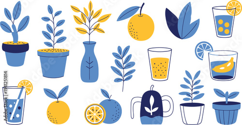 Blue Yellow Plants Fruits Drinks Flat Illustration