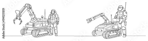 Bomb disposal technician in protective suit with remote controlled EOD robot drawn in continuous line style