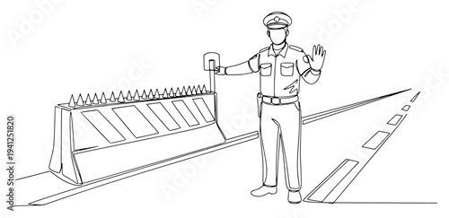 Police officer standing near a spike strip road barrier and signaling to stop in one line art