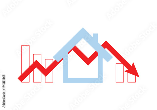 Real estate and property crash. House with a red arrow drop-down with bar graph on a white background.