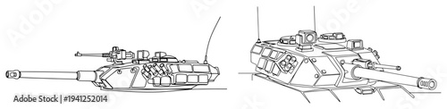 Minimalist one line drawing of modern main battle tank turrets with heavy cannons