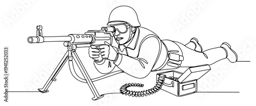 Soldier lying prone and aiming a heavy machine gun with ammunition box in one line art