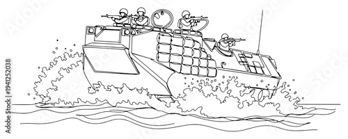 Amphibious military assault vehicle moving through water with soldiers in continuous line drawing